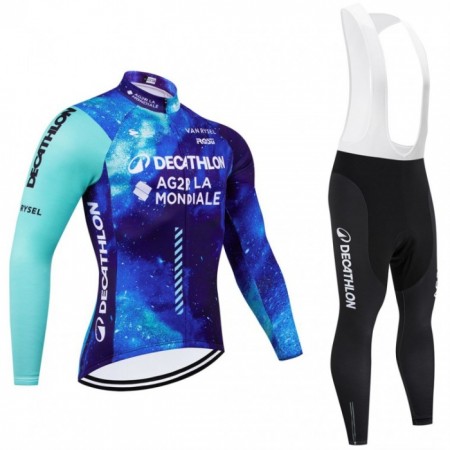 Set Fietsshirt Lange Mouw + Lange Koersbroek 2024 Decathlon Ag2r Blauw